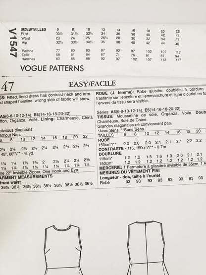 VOGUE Sewing Pattern V1547, ZANDRA RHODES, DESIGNER ORIGINAL, Dress, Dress with Shaped Hemline, Size 6-14