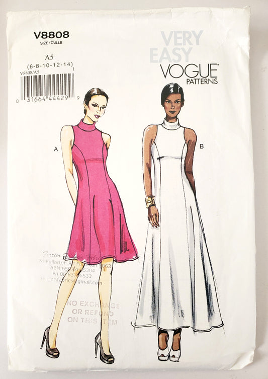 VERY EASY VOGUE Sewing Pattern V8808 Dress with Cut-in Armholes, Turtleneck, Size 6-14