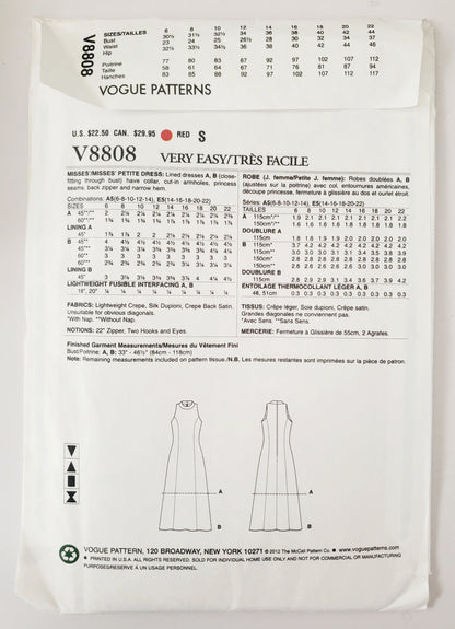VERY EASY VOGUE Sewing Pattern V8808 Dress with Cut-in Armholes, Turtleneck, Size 6-14