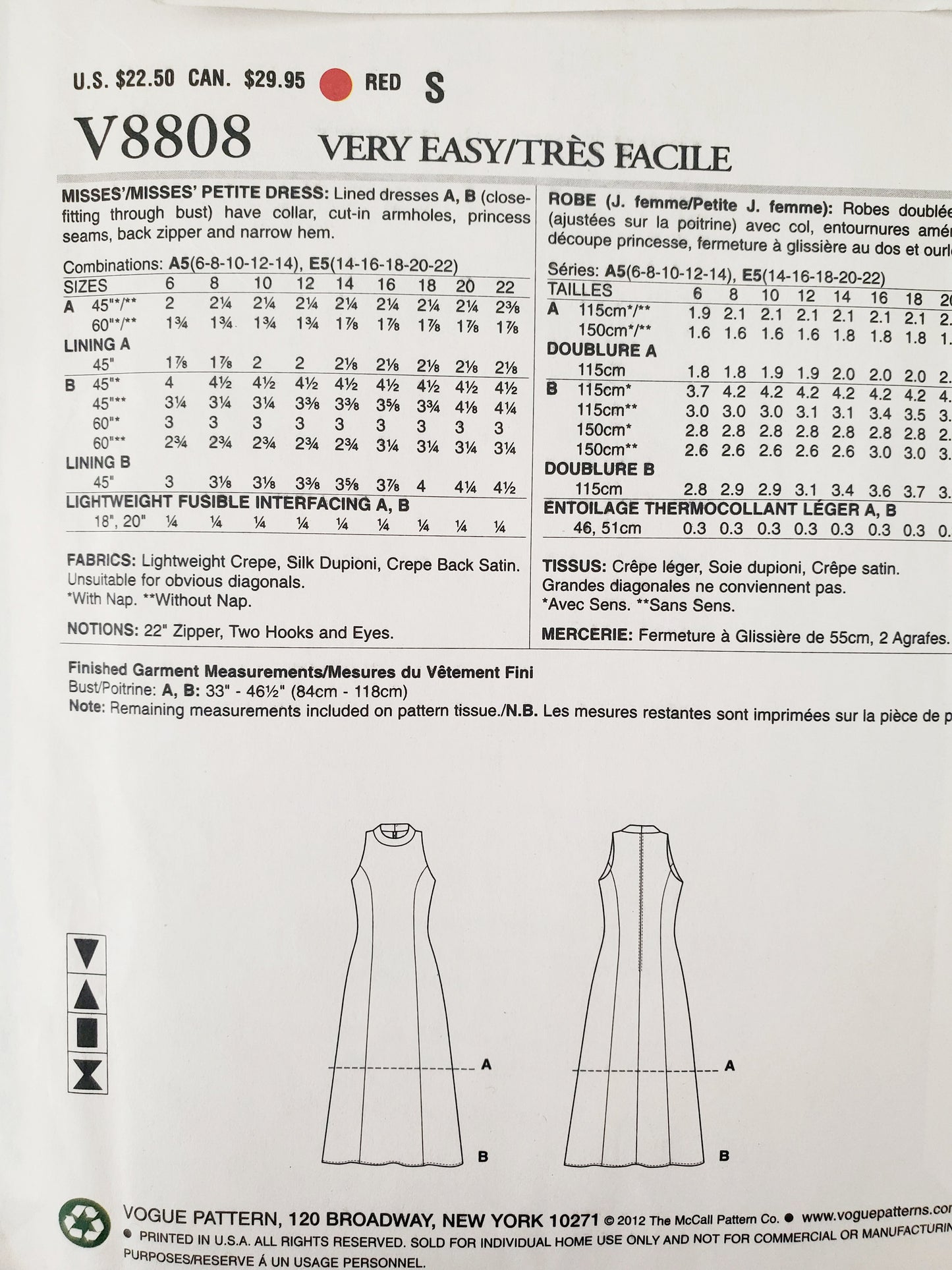 VERY EASY VOGUE Sewing Pattern V8808 Dress with Cut-in Armholes, Turtleneck, Size 6-14