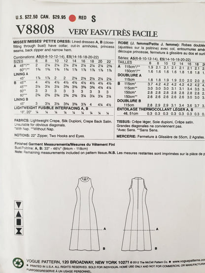 VERY EASY VOGUE Sewing Pattern V8808 Dress with Cut-in Armholes, Turtleneck, Size 6-14