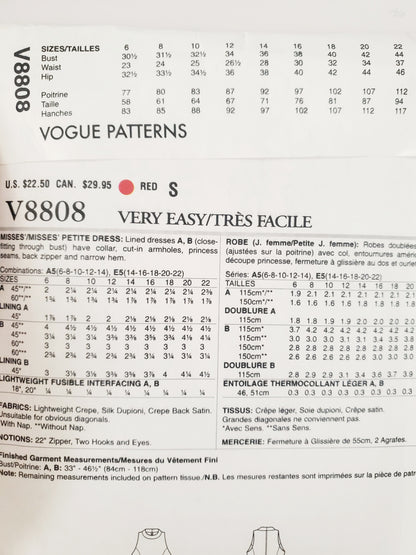 VERY EASY VOGUE Sewing Pattern V8808 Dress with Cut-in Armholes, Turtleneck, Size 6-14