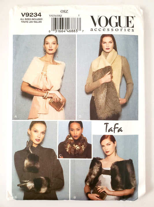 VOGUE Sewing Pattern V9234, Vogue Accessories, Wraps, Scarves, Gloves, With Fur, All Sizes