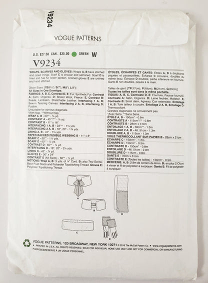 VOGUE Sewing Pattern V9234, Vogue Accessories, Wraps, Scarves, Gloves, With Fur, All Sizes