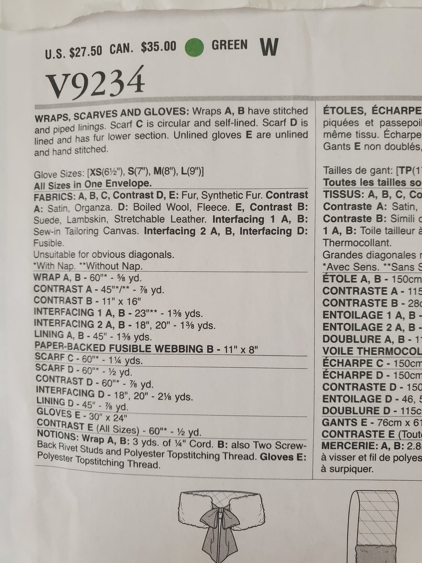 VOGUE Sewing Pattern V9234, Vogue Accessories, Wraps, Scarves, Gloves, With Fur, All Sizes