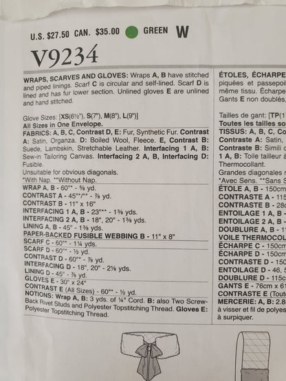VOGUE Sewing Pattern V9234, Vogue Accessories, Wraps, Scarves, Gloves, With Fur, All Sizes