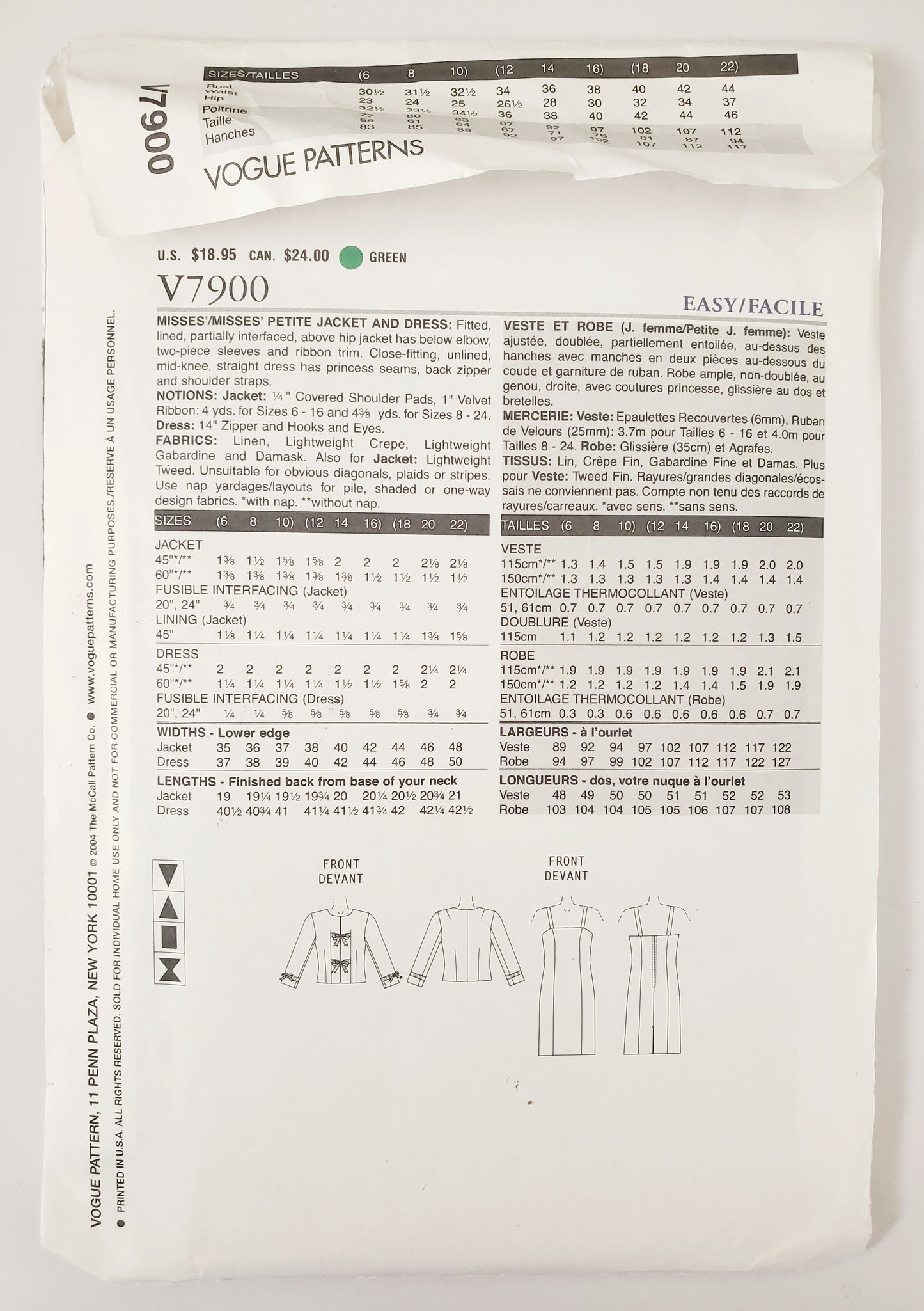 VOGUE Sewing Pattern V7900 Jacket, Dress, The Vogue Woman, Size 12-16