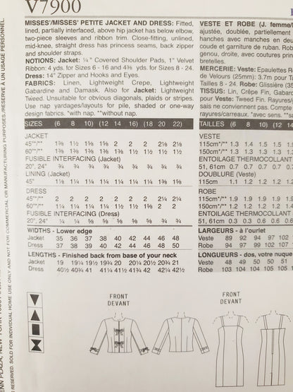 VOGUE Sewing Pattern V7900 Jacket, Dress, The Vogue Woman, Size 12-16