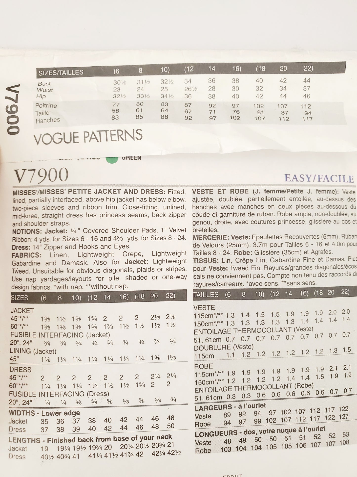 VOGUE Sewing Pattern V7900 Jacket, Dress, The Vogue Woman, Size 12-16