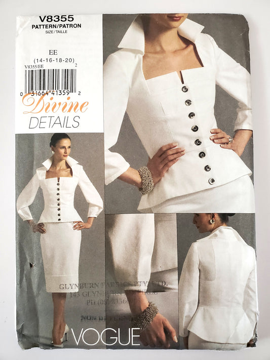 VOGUE Sewing Pattern V8355, Devine Details, Top, Skirt, Shaped Peplum, Size 14-20