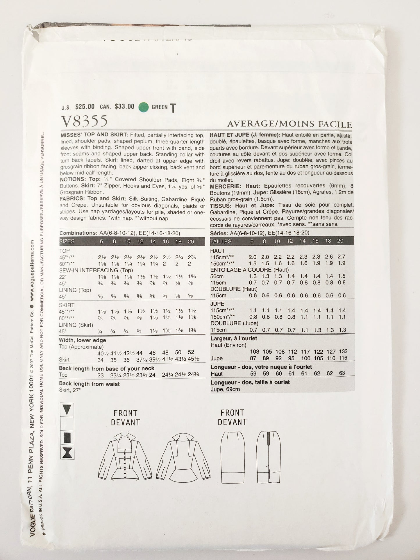 VOGUE Sewing Pattern V8355, Devine Details, Top, Skirt, Shaped Peplum, Size 14-20