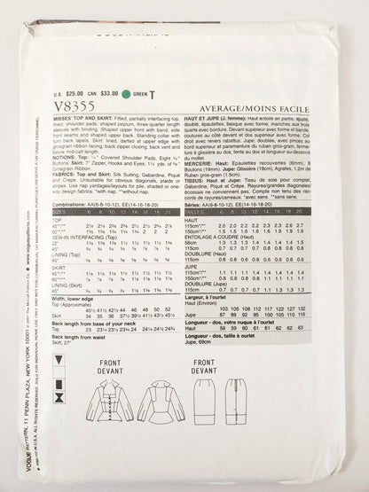 VOGUE Sewing Pattern V8355, Devine Details, Top, Skirt, Shaped Peplum, Size 14-20