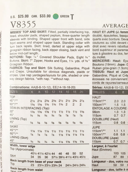 VOGUE Sewing Pattern V8355, Devine Details, Top, Skirt, Shaped Peplum, Size 14-20