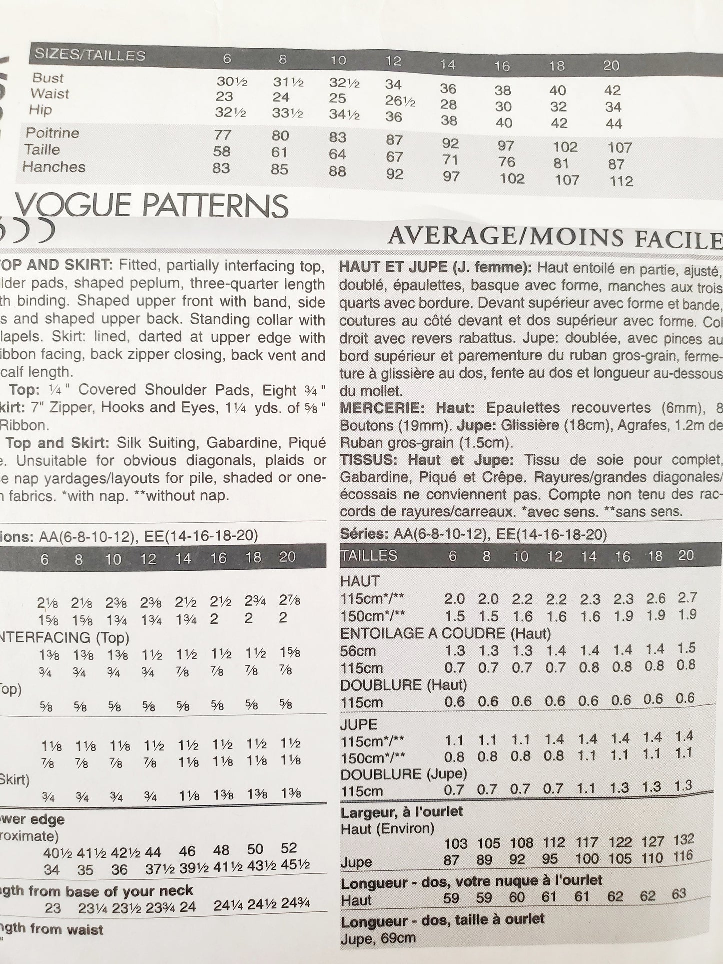 VOGUE Sewing Pattern V8355, Devine Details, Top, Skirt, Shaped Peplum, Size 14-20