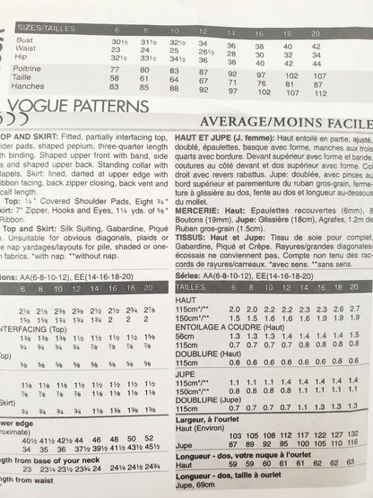 VOGUE Sewing Pattern V8355, Devine Details, Top, Skirt, Shaped Peplum, Size 14-20