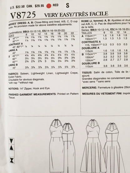 VERY EASY VOGUE Sewing Pattern V8725 Dress with Halter Tie-up Neckline, Size 8-14