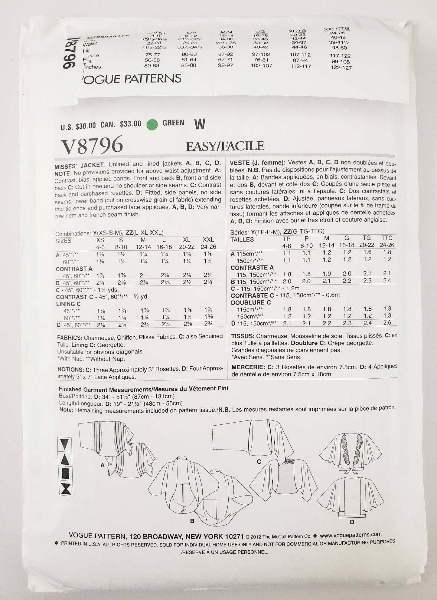 VOGUE Sewing Pattern V8796, AMERICAN DESIGNER, Elizabeth Gillett NYC, Jacket Size 4-14