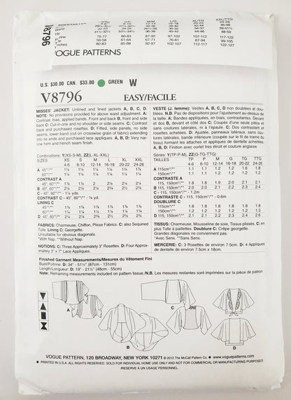 VOGUE Sewing Pattern V8796, AMERICAN DESIGNER, Elizabeth Gillett NYC, Jacket Size 4-14