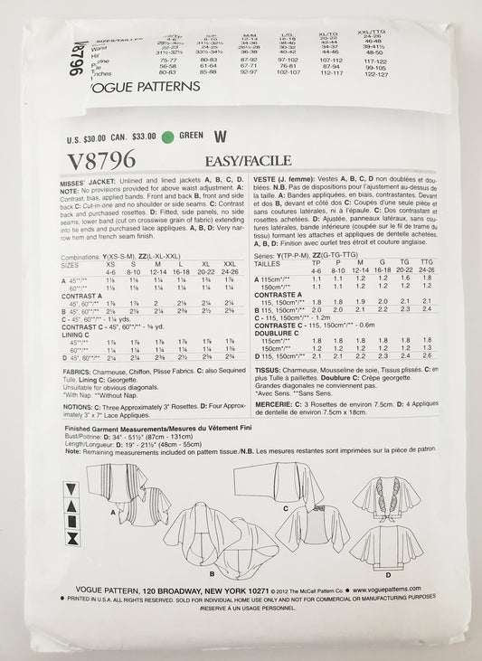 VOGUE Sewing Pattern V8796, AMERICAN DESIGNER, Elizabeth Gillett NYC, Jacket Size 4-14