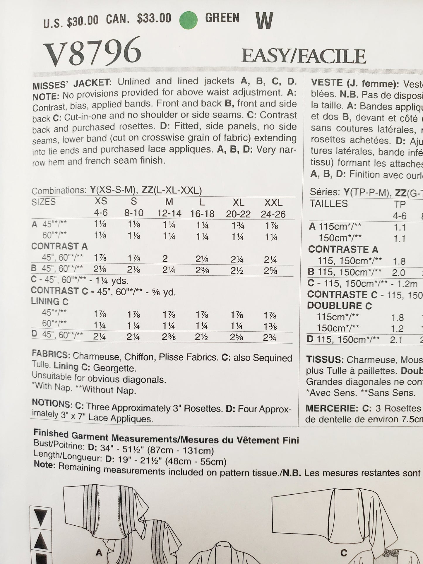 VOGUE Sewing Pattern V8796, AMERICAN DESIGNER, Elizabeth Gillett NYC, Jacket Size 4-14