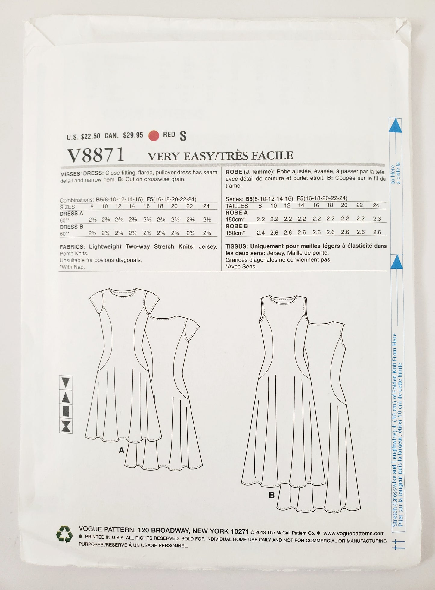 VERY EASY VOGUE Sewing Pattern V8871, Close Fitting, Flared Dress. Size 8-16
