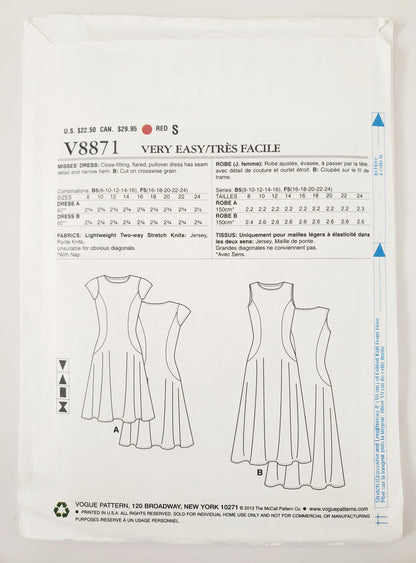 VERY EASY VOGUE Sewing Pattern V8871, Close Fitting, Flared Dress. Size 8-16