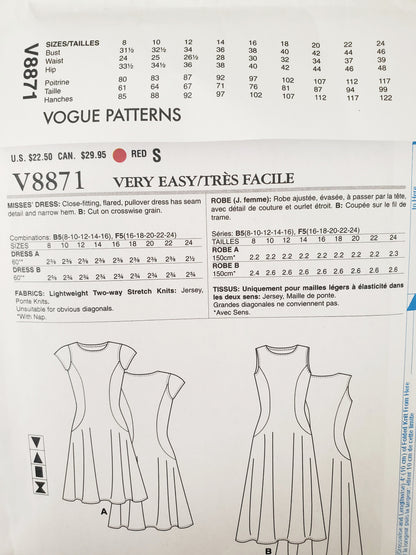 VERY EASY VOGUE Sewing Pattern V8871, Close Fitting, Flared Dress. Size 8-16
