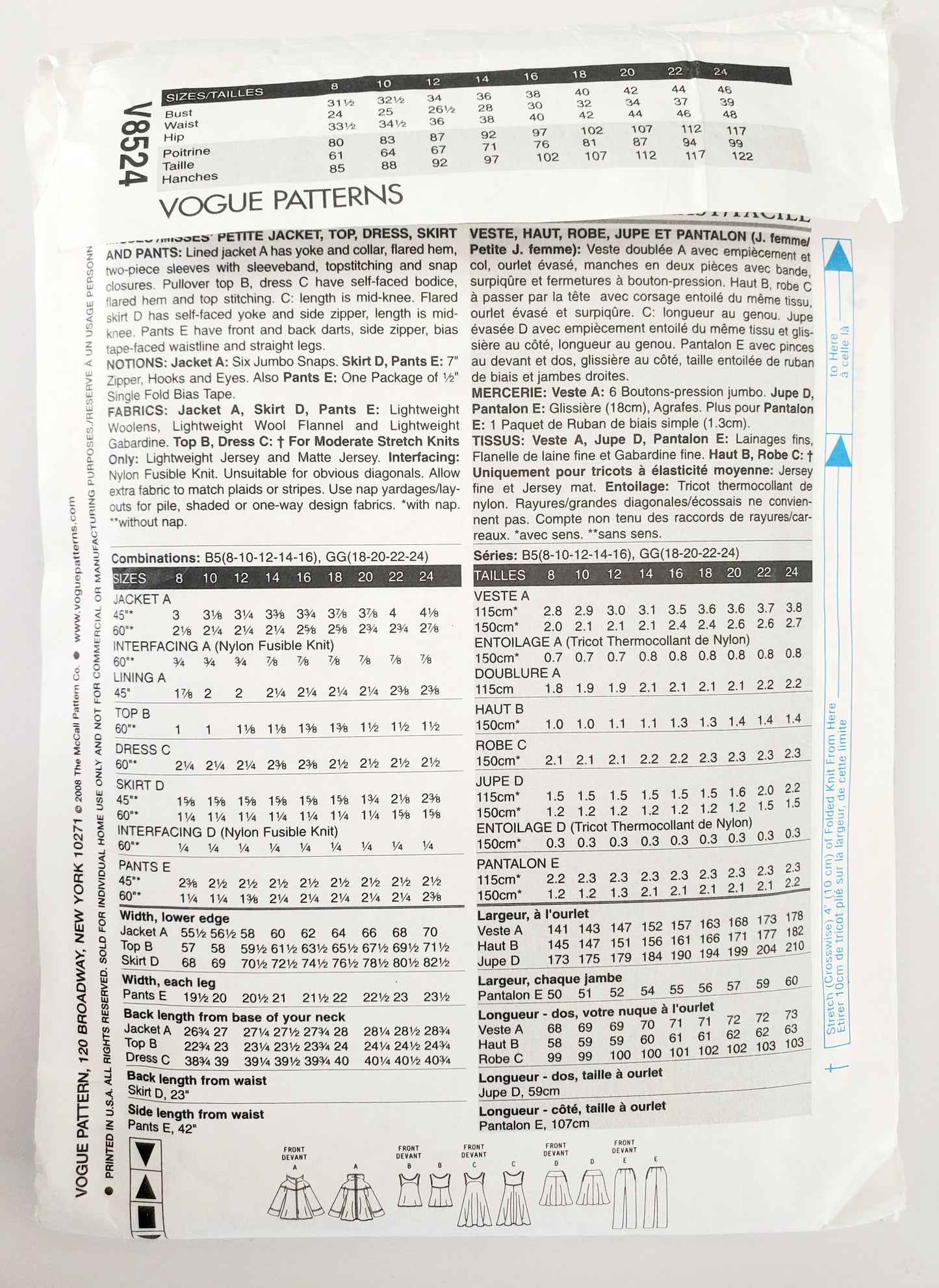 VOGUE Sewing Pattern V8524, Jacket, Top, Dress, Skirt, Pants, Size 8-16