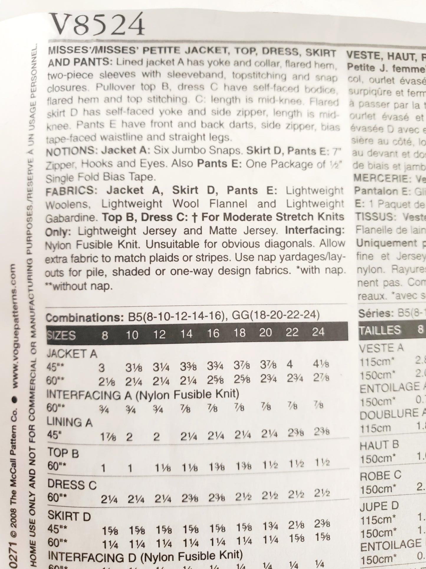 VOGUE Sewing Pattern V8524, Jacket, Top, Dress, Skirt, Pants, Size 8-16