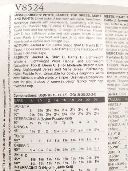 VOGUE Sewing Pattern V8524, Jacket, Top, Dress, Skirt, Pants, Size 8-16