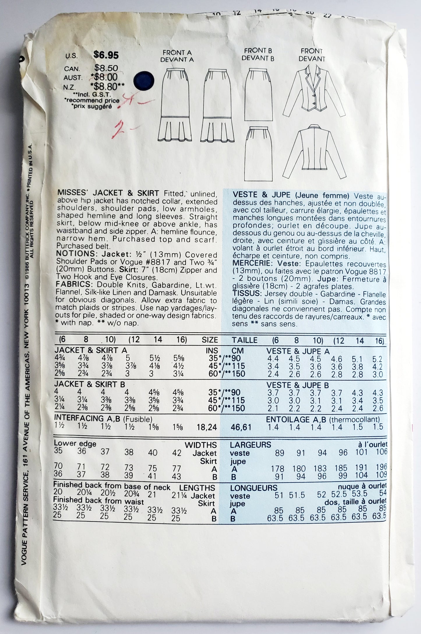VERY EASY VERY VOGUE Sewing Pattern 9756 Fitted Unlined Jacket, Straight Skirt, Size 6-10