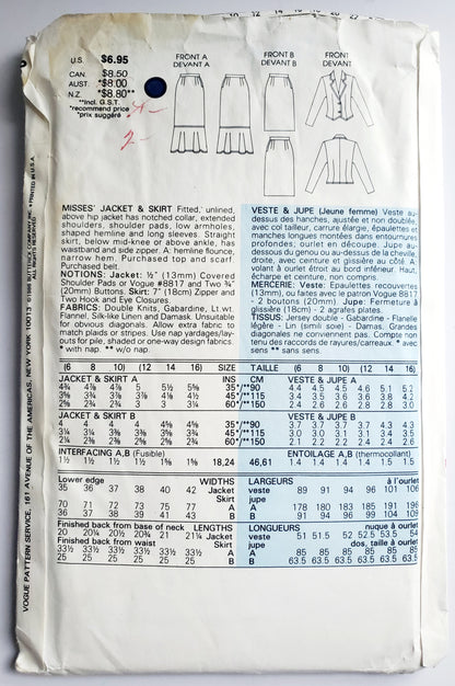 VERY EASY VERY VOGUE Sewing Pattern 9756 Fitted Unlined Jacket, Straight Skirt, Size 6-10