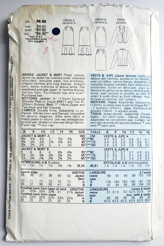 VERY EASY VERY VOGUE Sewing Pattern 9756 Fitted Unlined Jacket, Straight Skirt, Size 6-10
