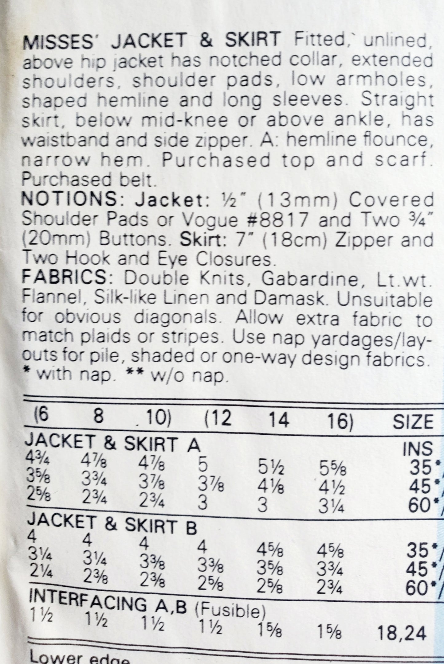 VERY EASY VERY VOGUE Sewing Pattern 9756 Fitted Unlined Jacket, Straight Skirt, Size 6-10