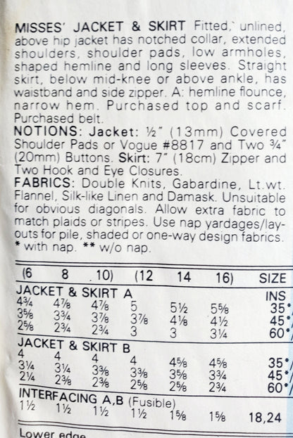 VERY EASY VERY VOGUE Sewing Pattern 9756 Fitted Unlined Jacket, Straight Skirt, Size 6-10