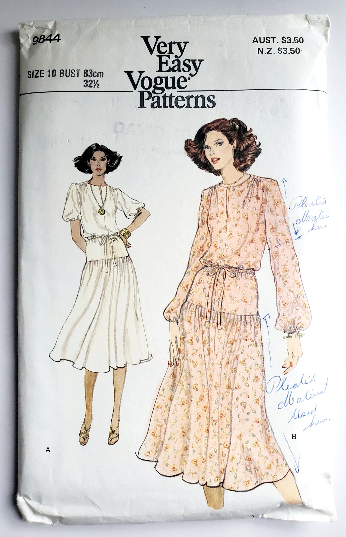 VERY EASY VERY VOGUE Sewing Pattern 9844, Dress with Elasticized Drawstring Waistline, Size 10