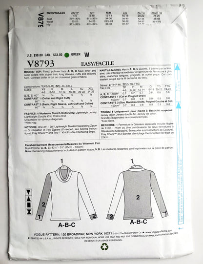 VOGUE Sewing Pattern V8793, DESIGNER ORIGINAL, Fitted Pullover Tops, Contrast Collar, Size 4-14 (Copy)