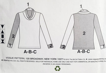 VOGUE Sewing Pattern V8793, DESIGNER ORIGINAL, Fitted Pullover Tops, Contrast Collar, Size 4-14 (Copy)