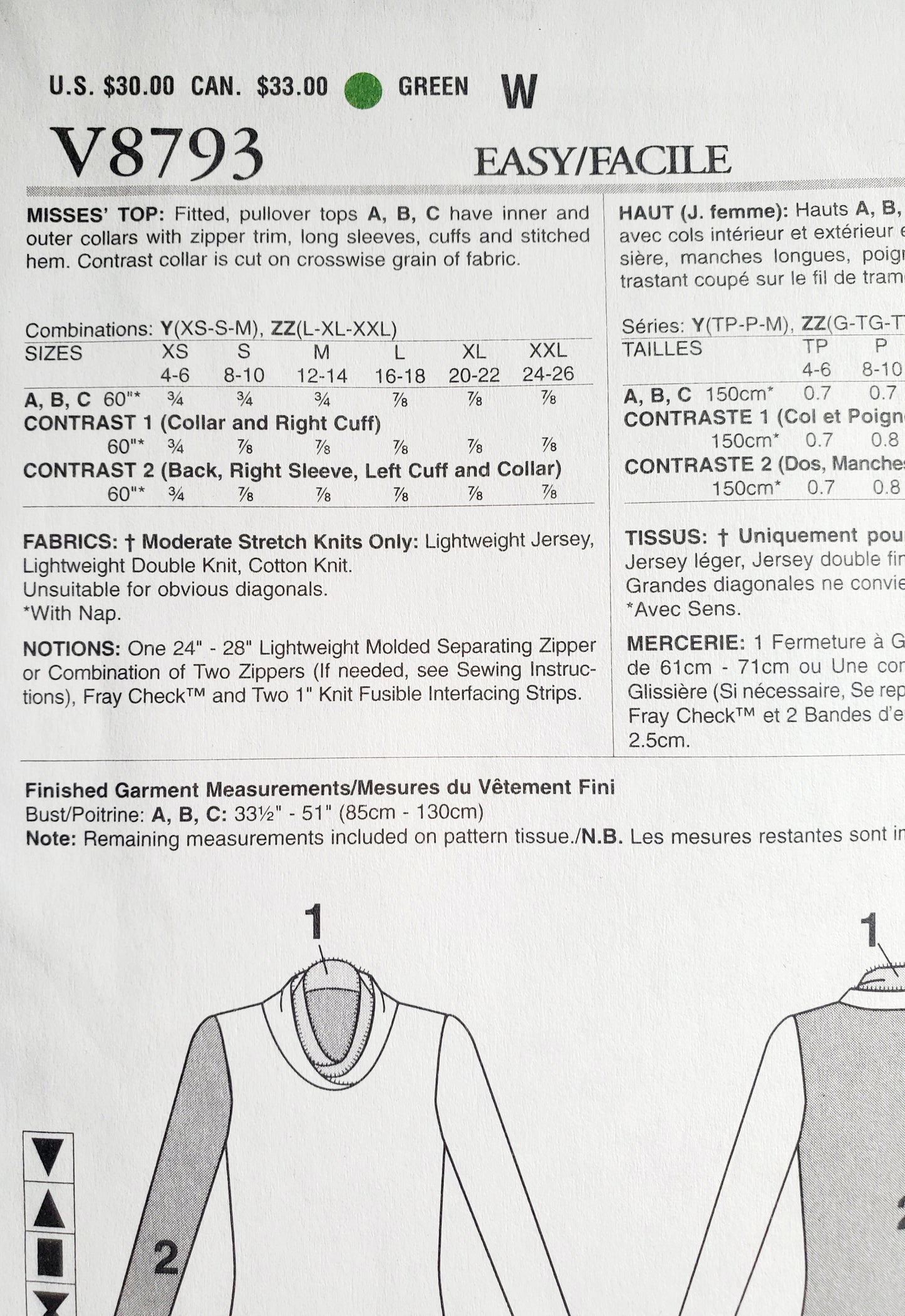 VOGUE Sewing Pattern V8793, DESIGNER ORIGINAL, Fitted Pullover Tops, Contrast Collar, Size 4-14 (Copy)