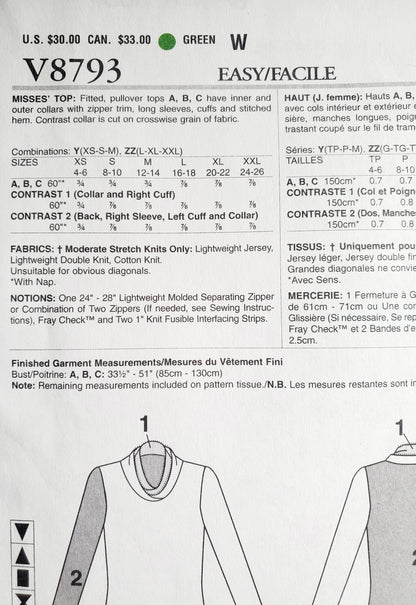 VOGUE Sewing Pattern V8793, DESIGNER ORIGINAL, Fitted Pullover Tops, Contrast Collar, Size 4-14 (Copy)