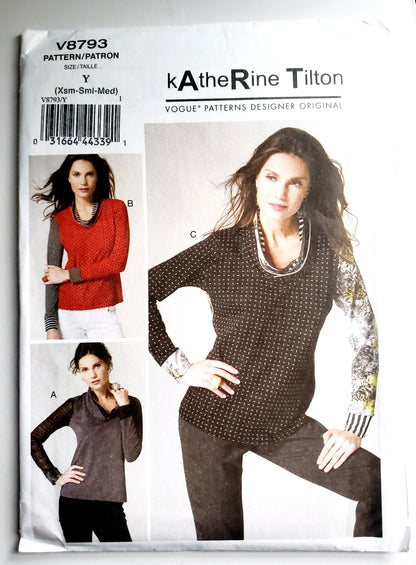 VOGUE Sewing Pattern V8793, DESIGNER ORIGINAL, Fitted Pullover Tops, Contrast Collar, Size 4-14