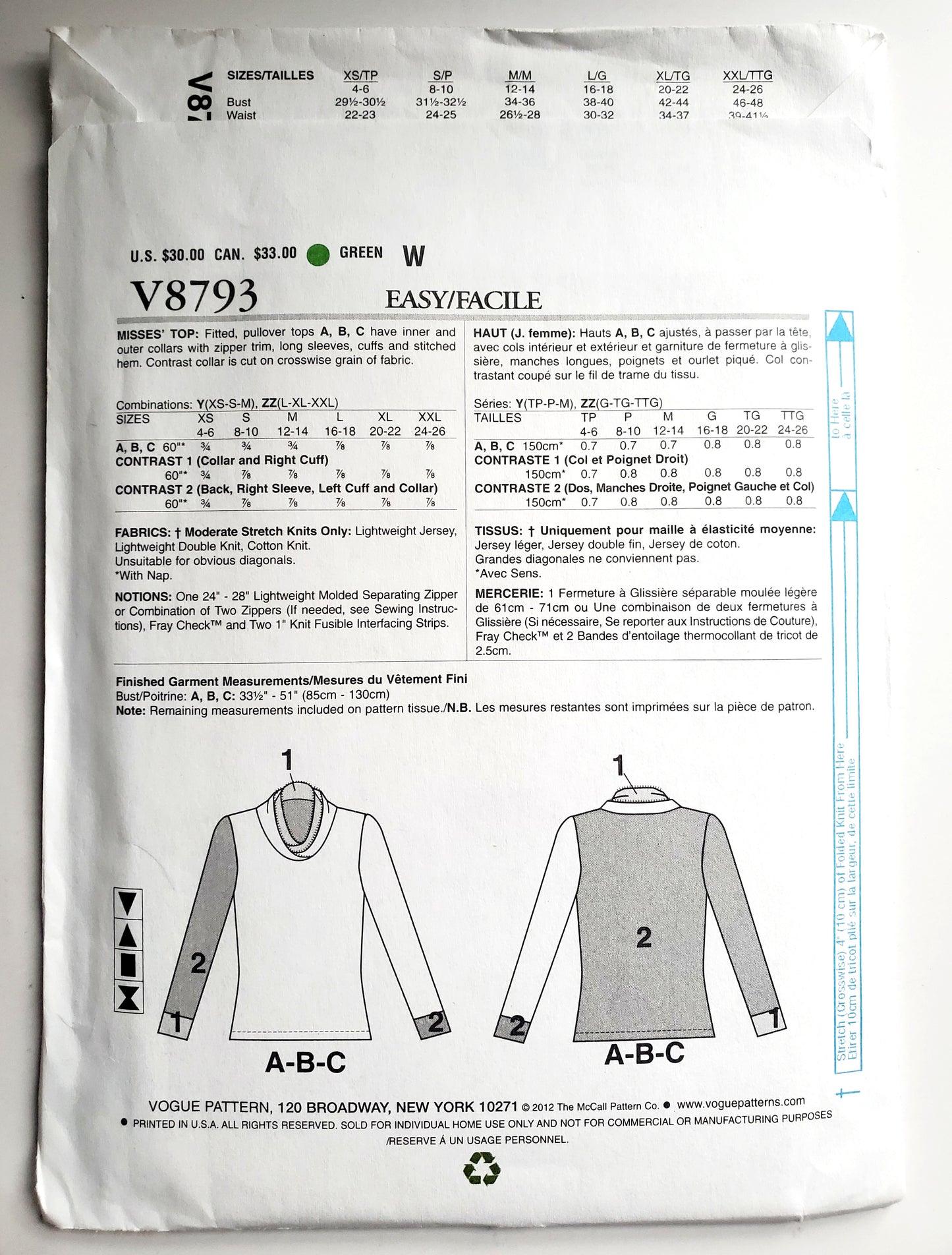 VOGUE Sewing Pattern V8793, DESIGNER ORIGINAL, Fitted Pullover Tops, Contrast Collar, Size 4-14