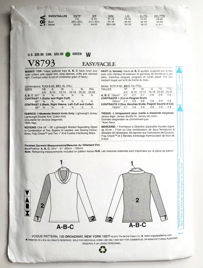 VOGUE Sewing Pattern V8793, DESIGNER ORIGINAL, Fitted Pullover Tops, Contrast Collar, Size 4-14