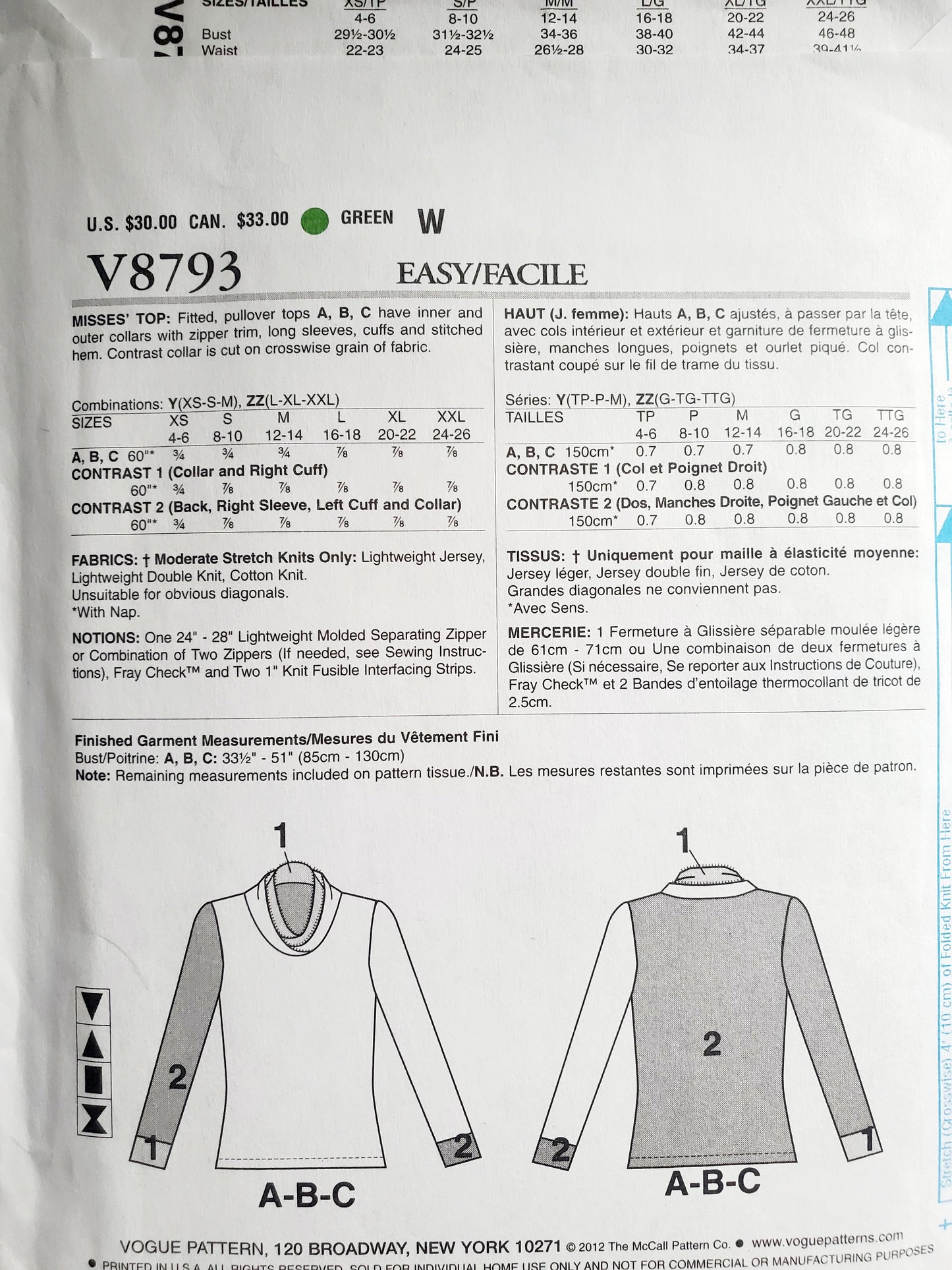 VOGUE Sewing Pattern V8793, DESIGNER ORIGINAL, Fitted Pullover Tops, Contrast Collar, Size 4-14