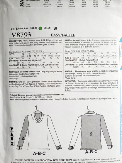 VOGUE Sewing Pattern V8793, DESIGNER ORIGINAL, Fitted Pullover Tops, Contrast Collar, Size 4-14