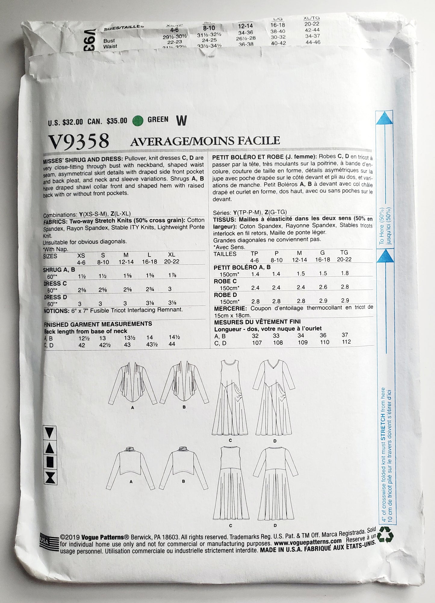 VOGUE Sewing Pattern V9358, Shrug & Dress, Size XSM-MED, Size 4-14