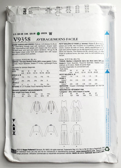 VOGUE Sewing Pattern V9358, Shrug & Dress, Size XSM-MED, Size 4-14