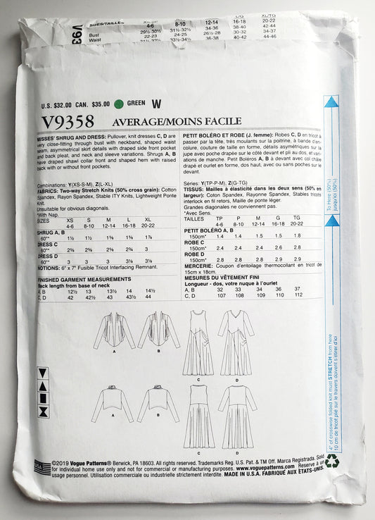 VOGUE Sewing Pattern V9358, Shrug & Dress, Size XSM-MED, Size 4-14