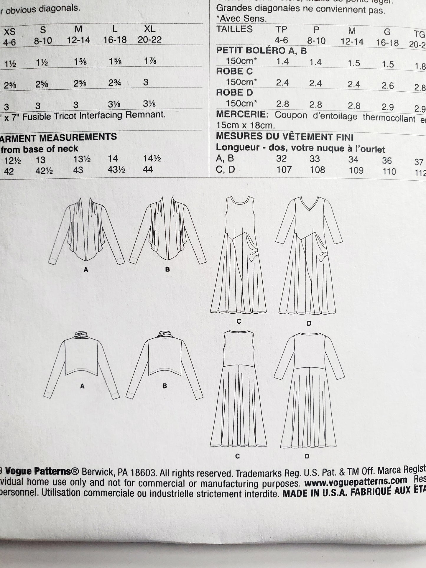 VOGUE Sewing Pattern V9358, Shrug & Dress, Size XSM-MED, Size 4-14