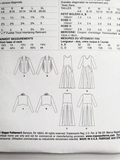 VOGUE Sewing Pattern V9358, Shrug & Dress, Size XSM-MED, Size 4-14